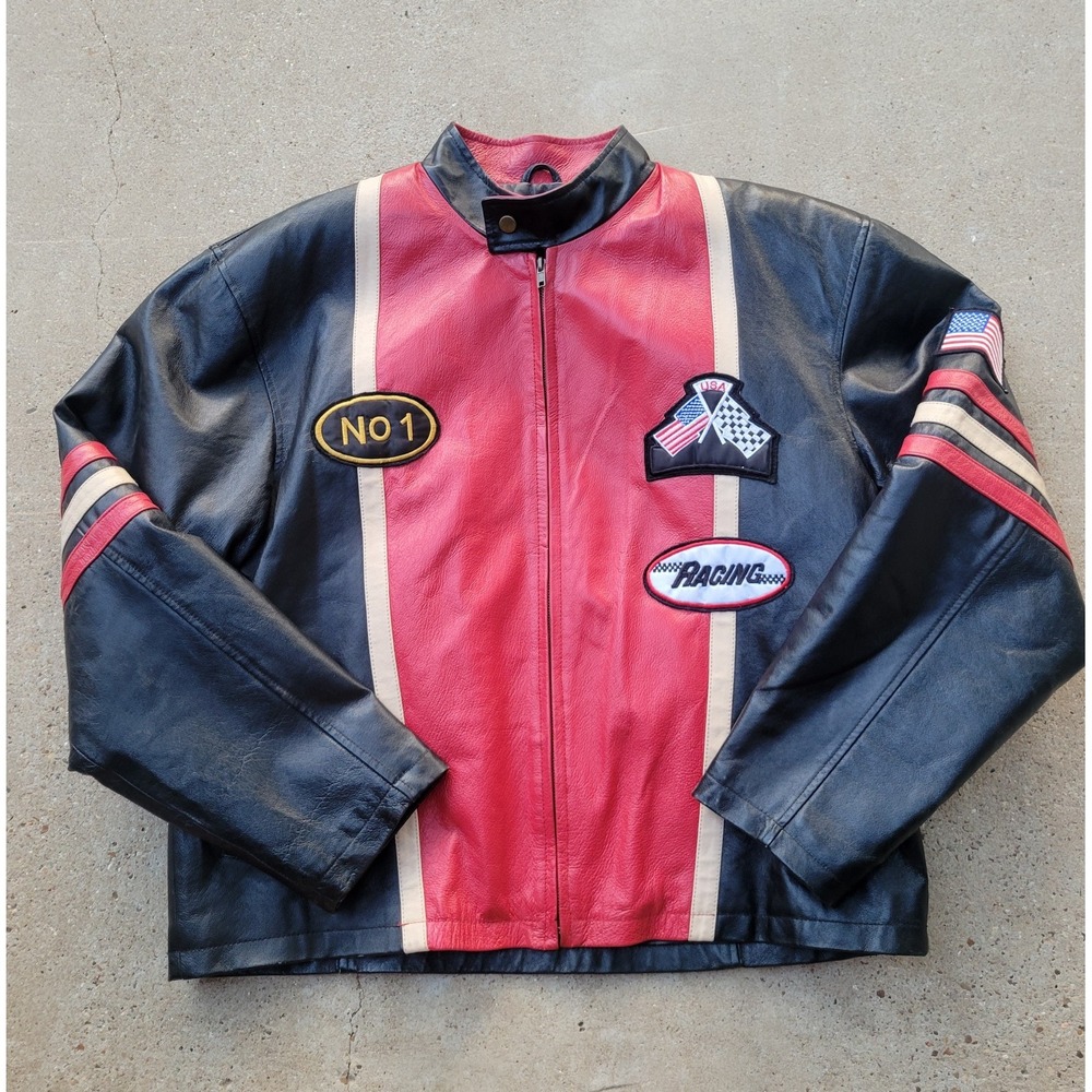 Vintage Diamond Plate Leather Racing Jacket Red-and-black Colorblock Design-Read